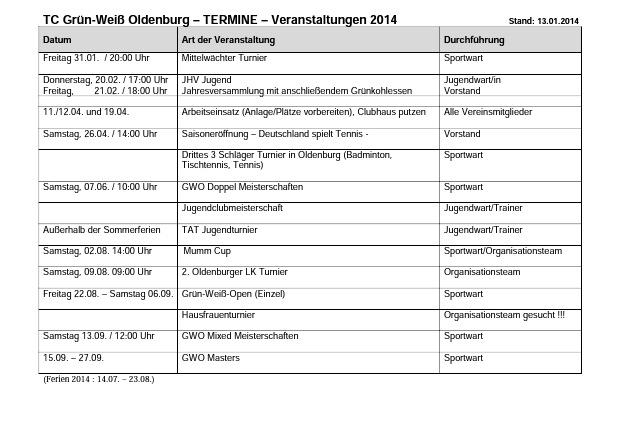 Veranstaltungskalender 2014 per 13.01.2014